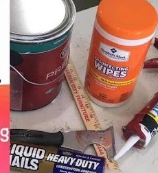Paint can, disinfecting wipes, caulk gun, and Liquid Nails from their About collage